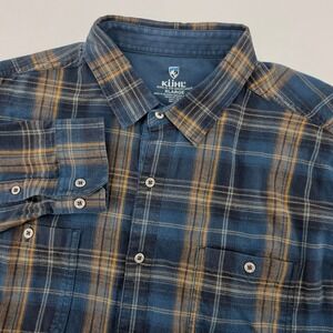 Kuhl Mens XL Blue Tan Plaid Long Sleeve Button Up Flannel Shirt  Outdoor Rugged